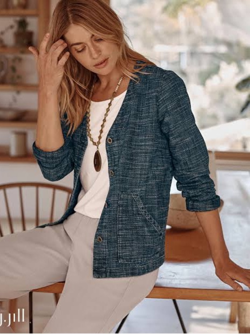 PureJill Indigo Casual Blue Knit Button-Front Blazer XL